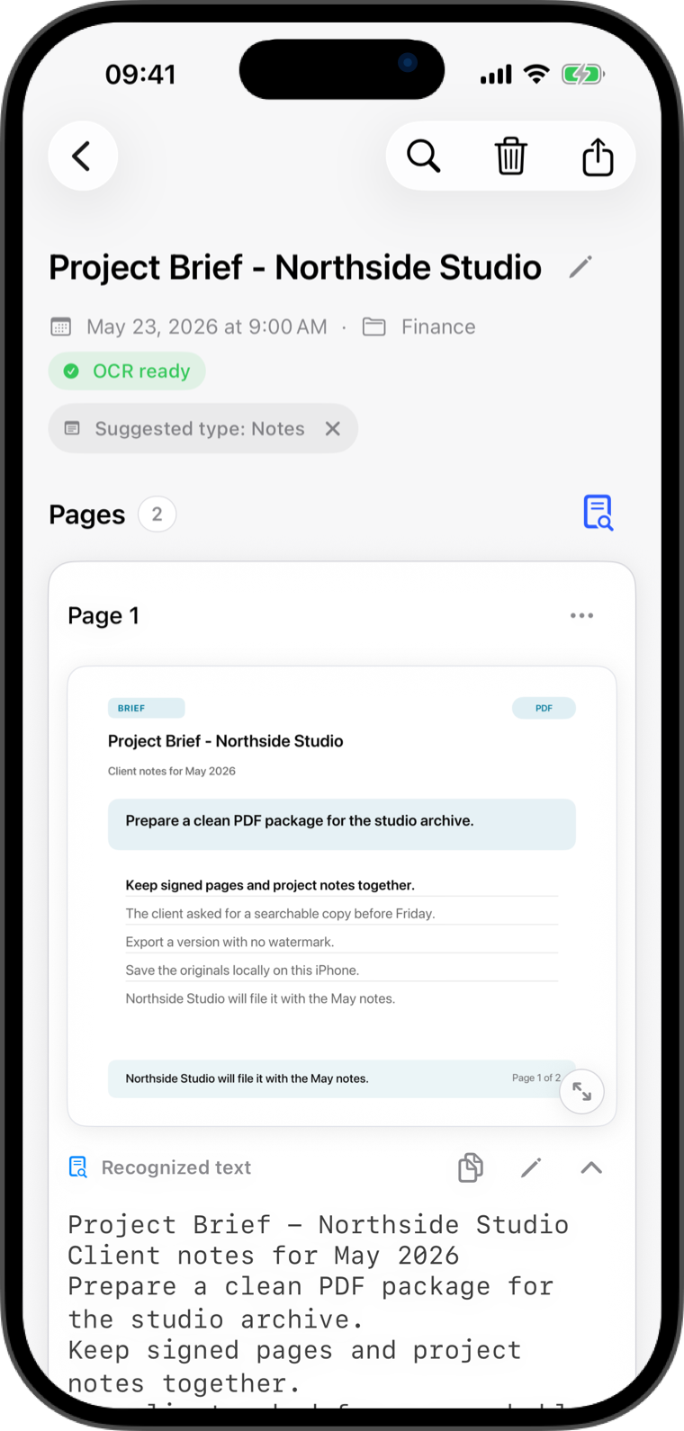 Flatscan document detail screen with clean PDF export and recognized text