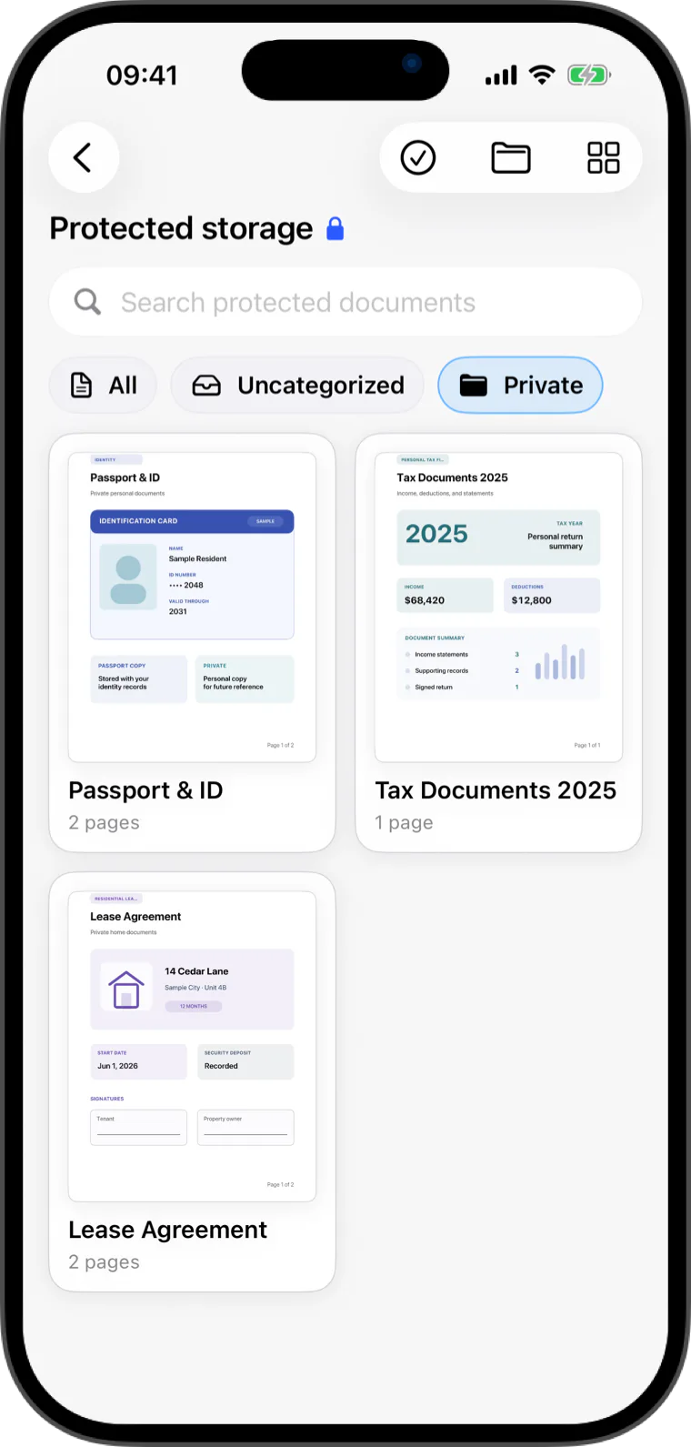 Flatscan protected storage with encrypted folders and private documents