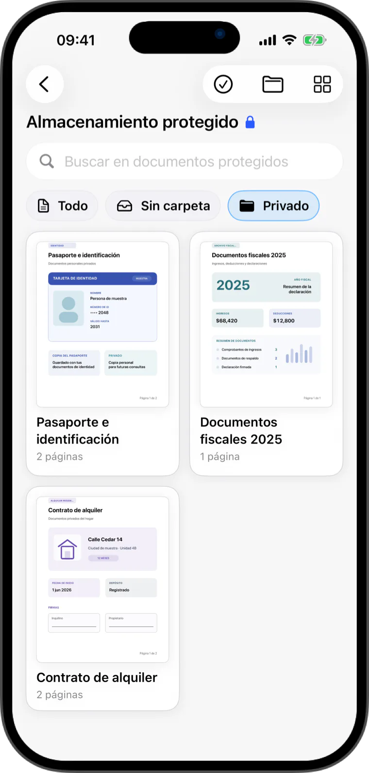 Almacenamiento protegido de Flatscan con carpetas cifradas y documentos privados