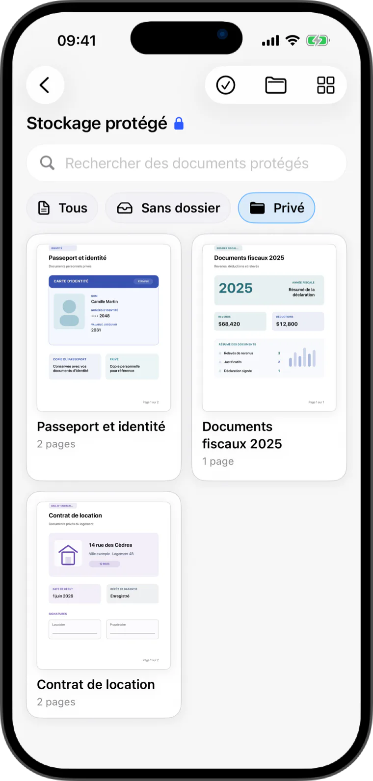 Stockage protégé Flatscan avec dossiers chiffrés et documents privés