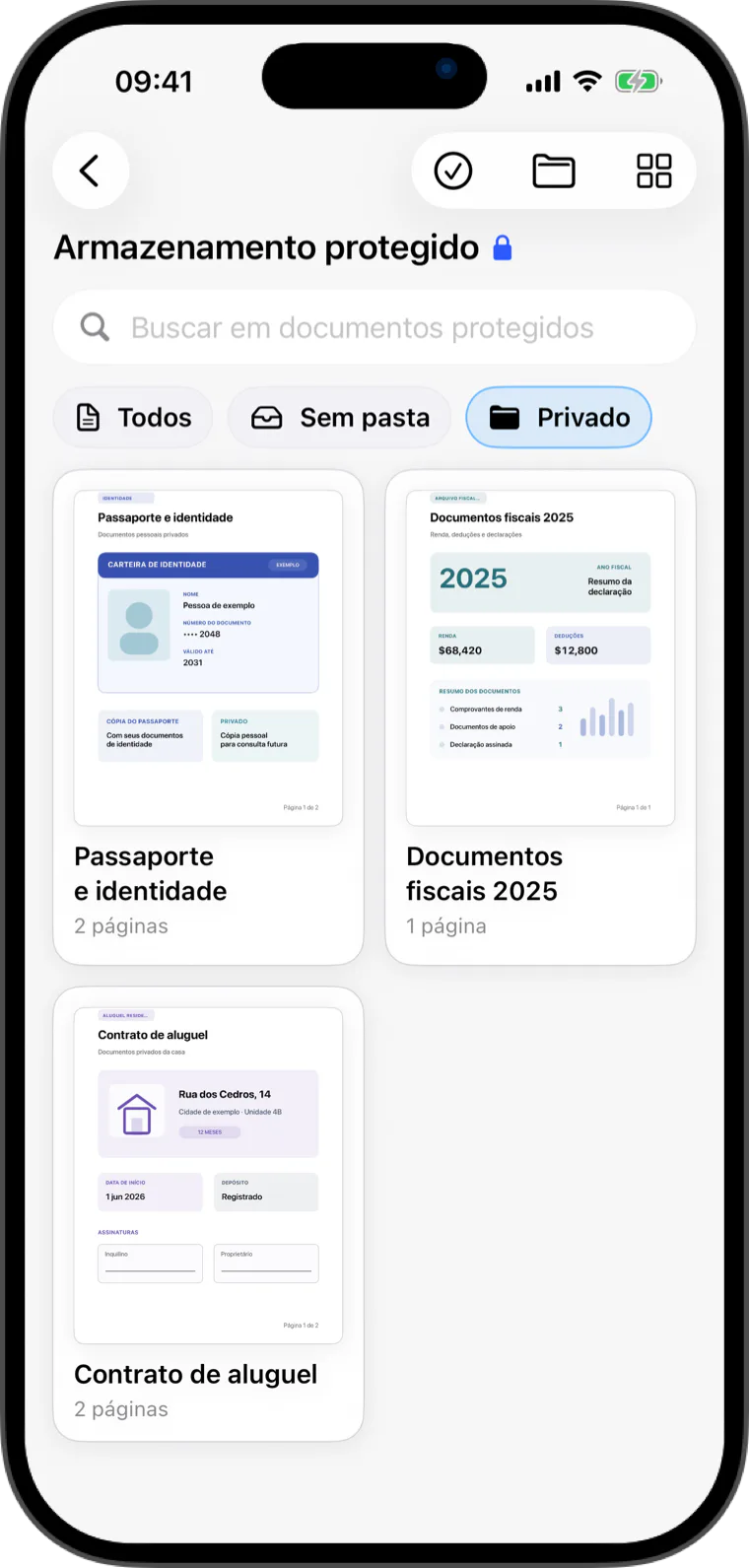 Armazenamento protegido do Flatscan com pastas criptografadas e documentos privados