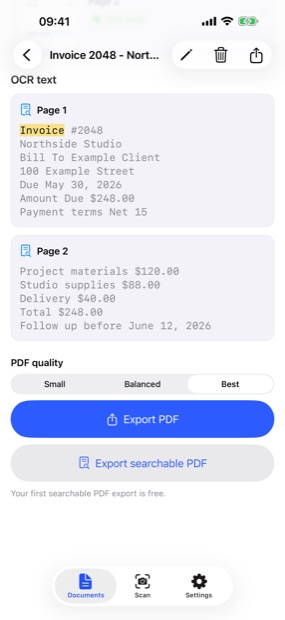 Flatscan searchable PDF export screen